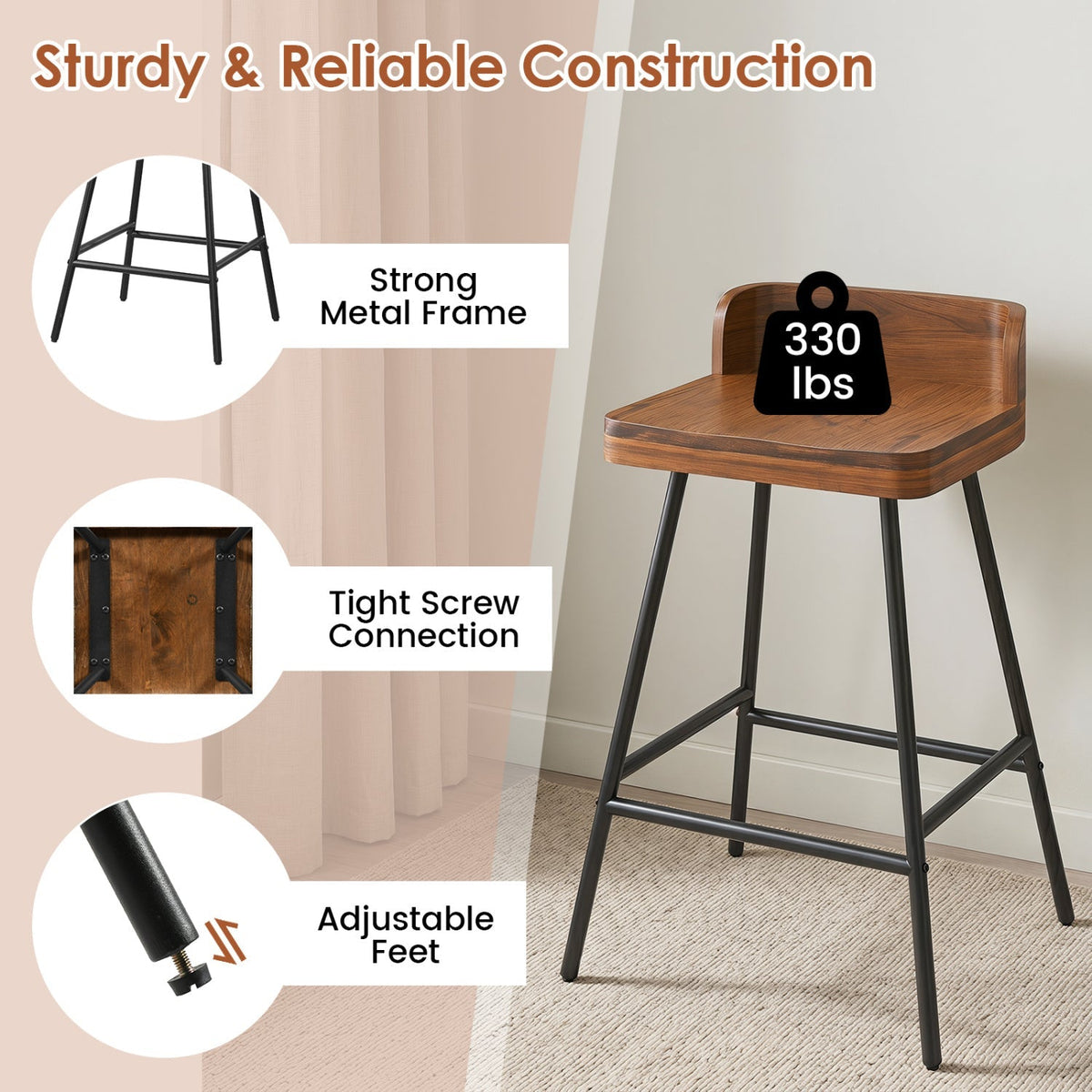 24" Industrial Bar Stools with Low Back - Set of 4