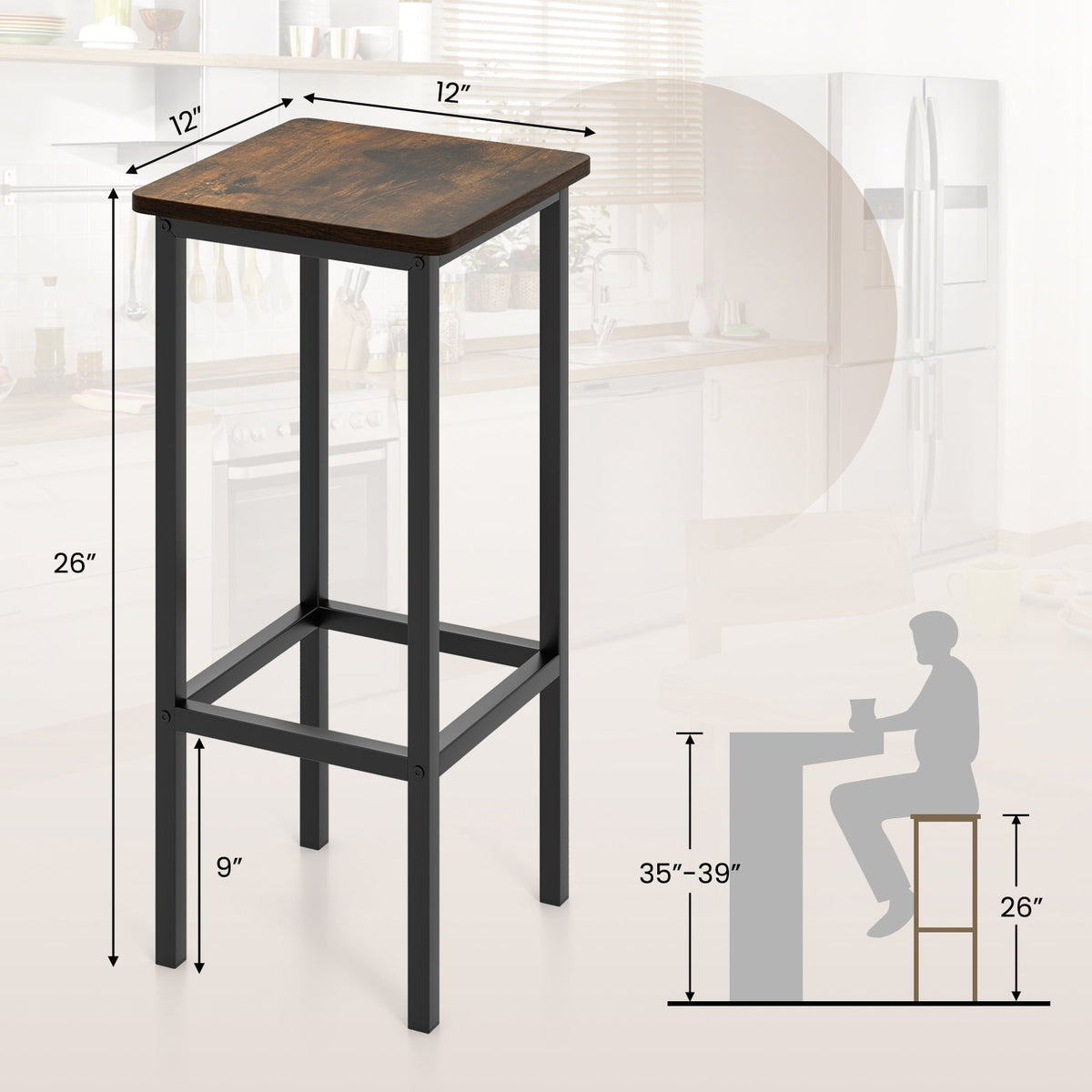 Set of 4 Bar Stool Set 26 Inch Bar Chair with Metal Legs and Footrest