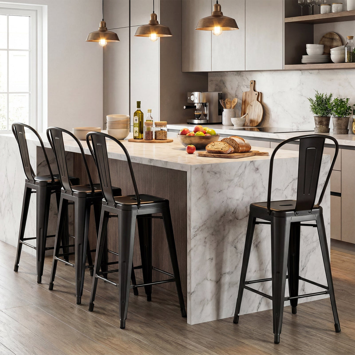 Set of 4 Metal Bar Stools with Backrests and Footrests