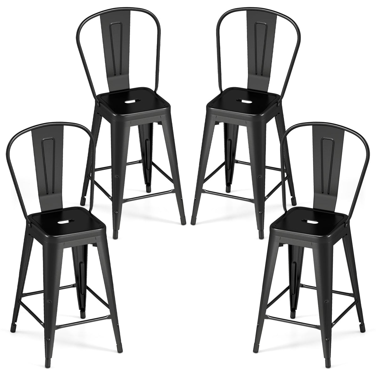 Set of 4 Metal Bar Stools with Backrests and Footrests