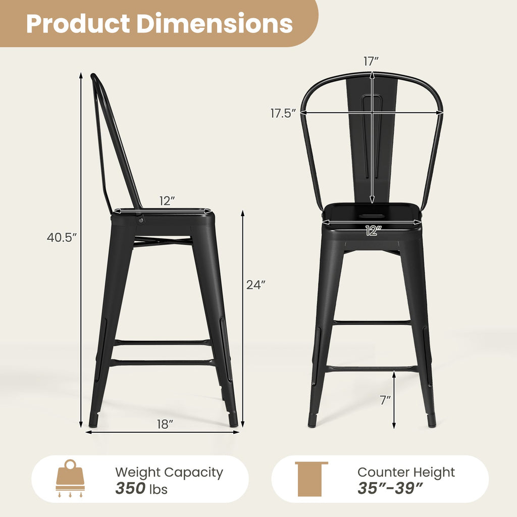 Set of 4 Metal Bar Stools with Backrests and Footrests