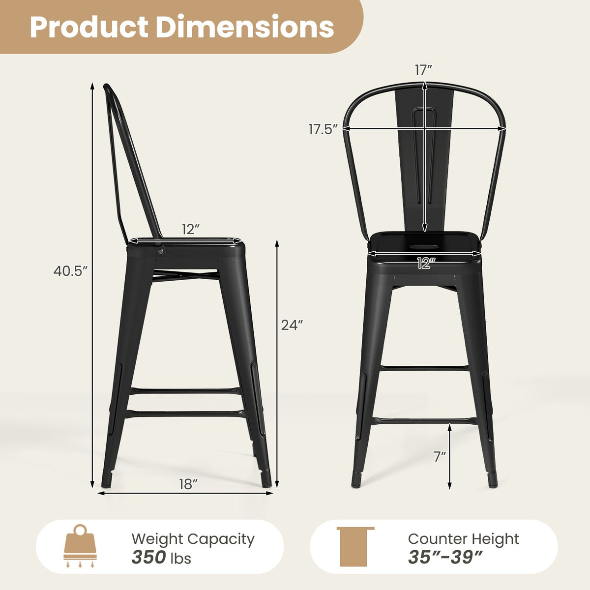 Set of 4 Metal Bar Stools with Backrests and Footrests