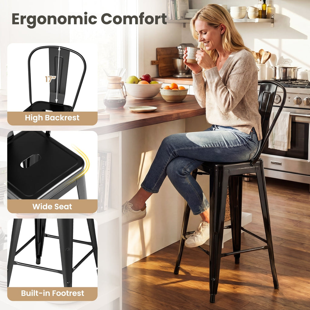 Set of 4 Metal Bar Stools with Backrests and Footrests
