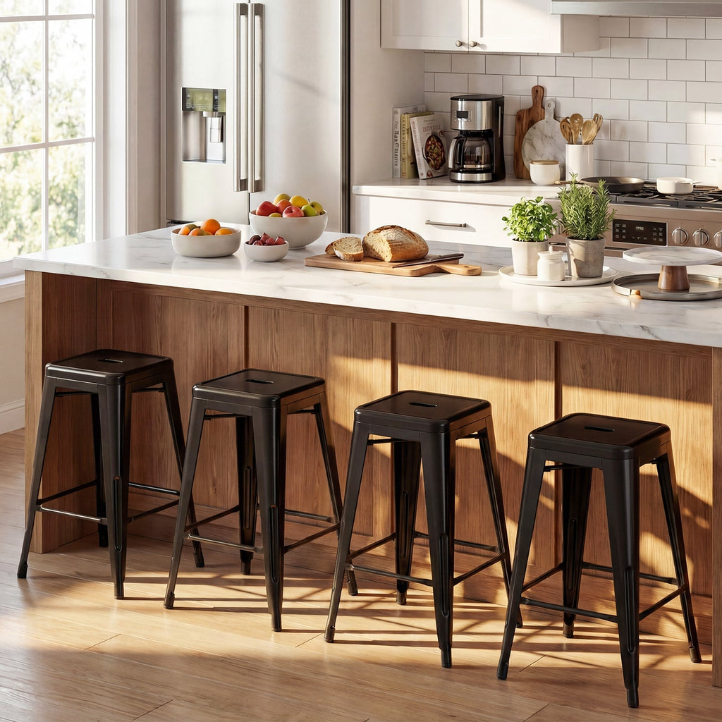 Set of 4 Metal Bar Stools with Backrests and Footrests