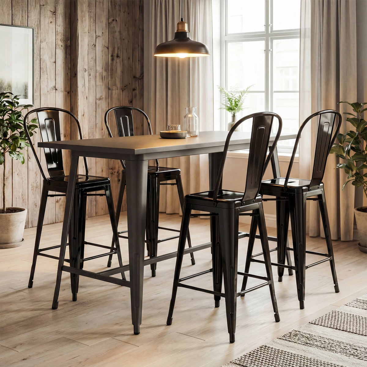 Set of 4 Metal Bar Stools with Backrests and Footrests