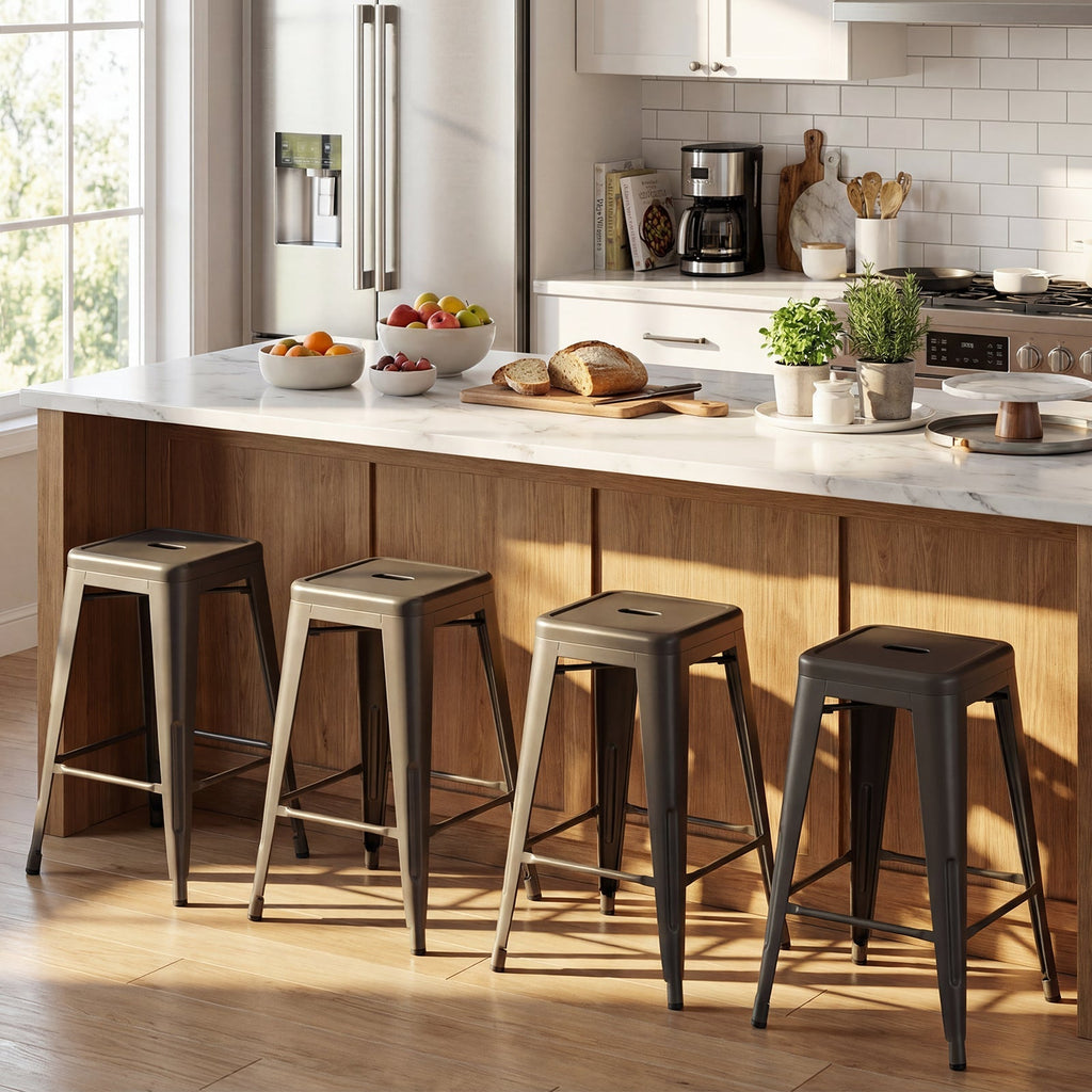 Set of 4 Metal Bar Stools with Backrests and Footrests