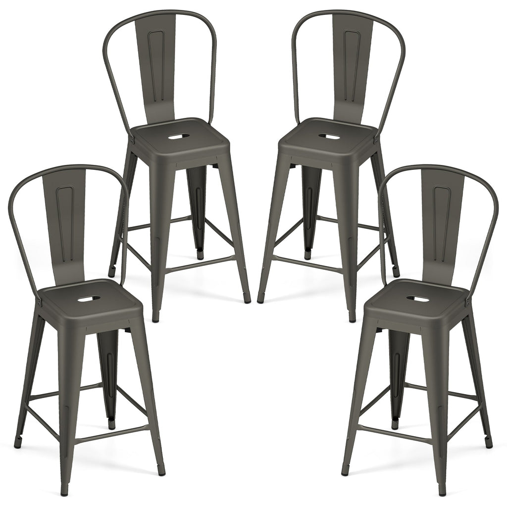 Set of 4 Metal Bar Stools with Backrests and Footrests