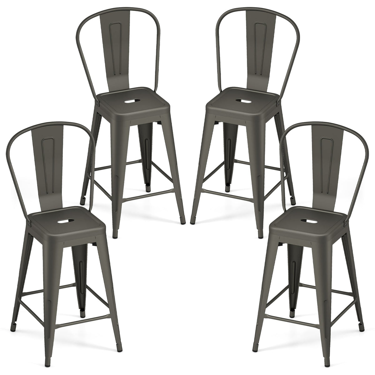 Set of 4 Metal Bar Stools with Backrests and Footrests