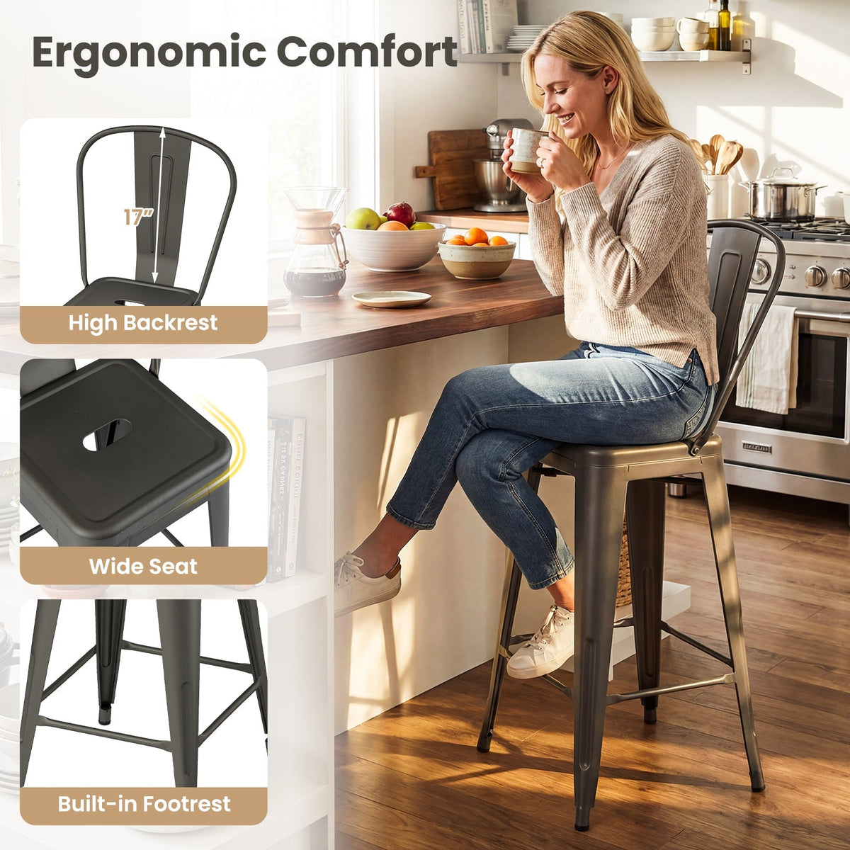 Set of 4 Metal Bar Stools with Backrests and Footrests