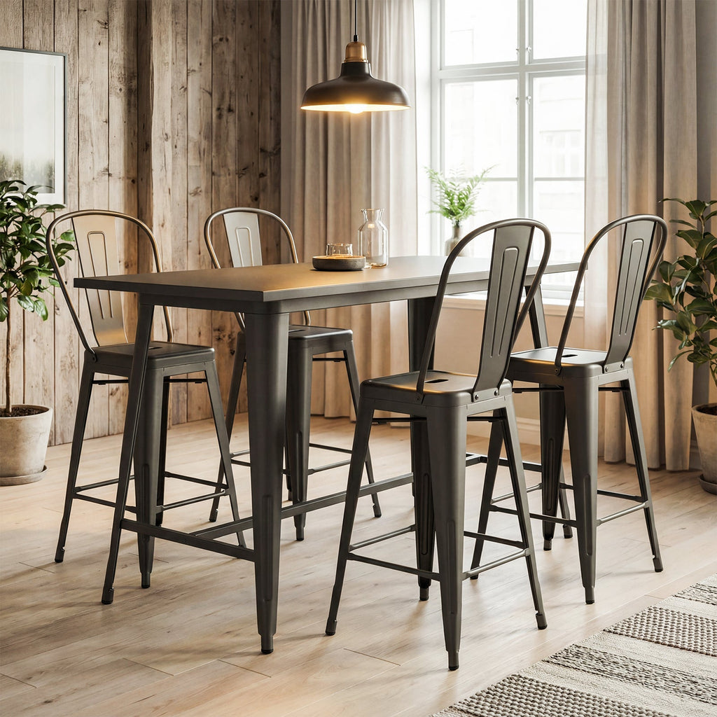 Set of 4 Metal Bar Stools with Backrests and Footrests