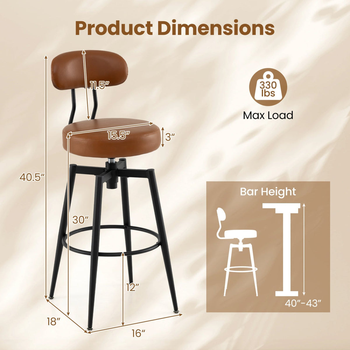 4-Piece Swivel Bar Stools with Faux Leather Seats and Backrests