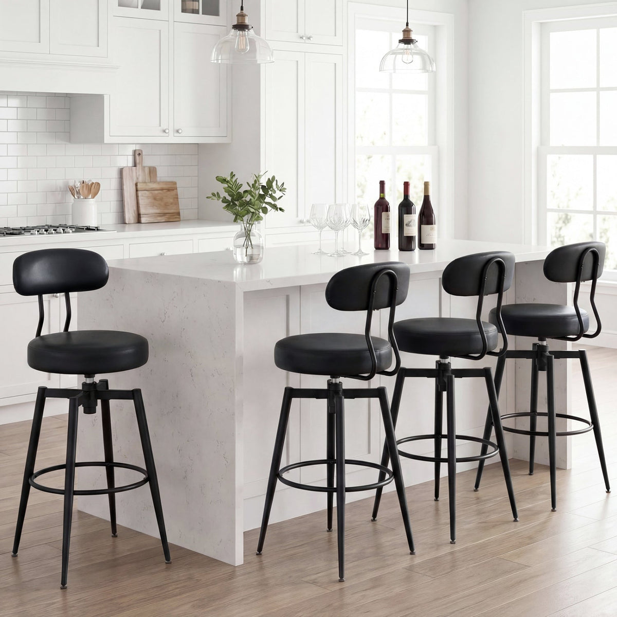 4-Piece Swivel Bar Stools with Faux Leather Seats and Backrests