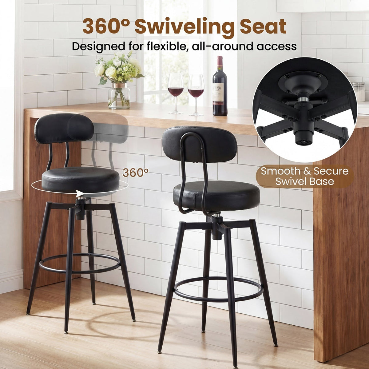 4-Piece Swivel Bar Stools with Faux Leather Seats and Backrests