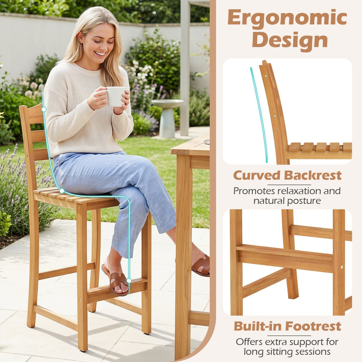 Acacia Wood Bar Stools with Curved Backrest