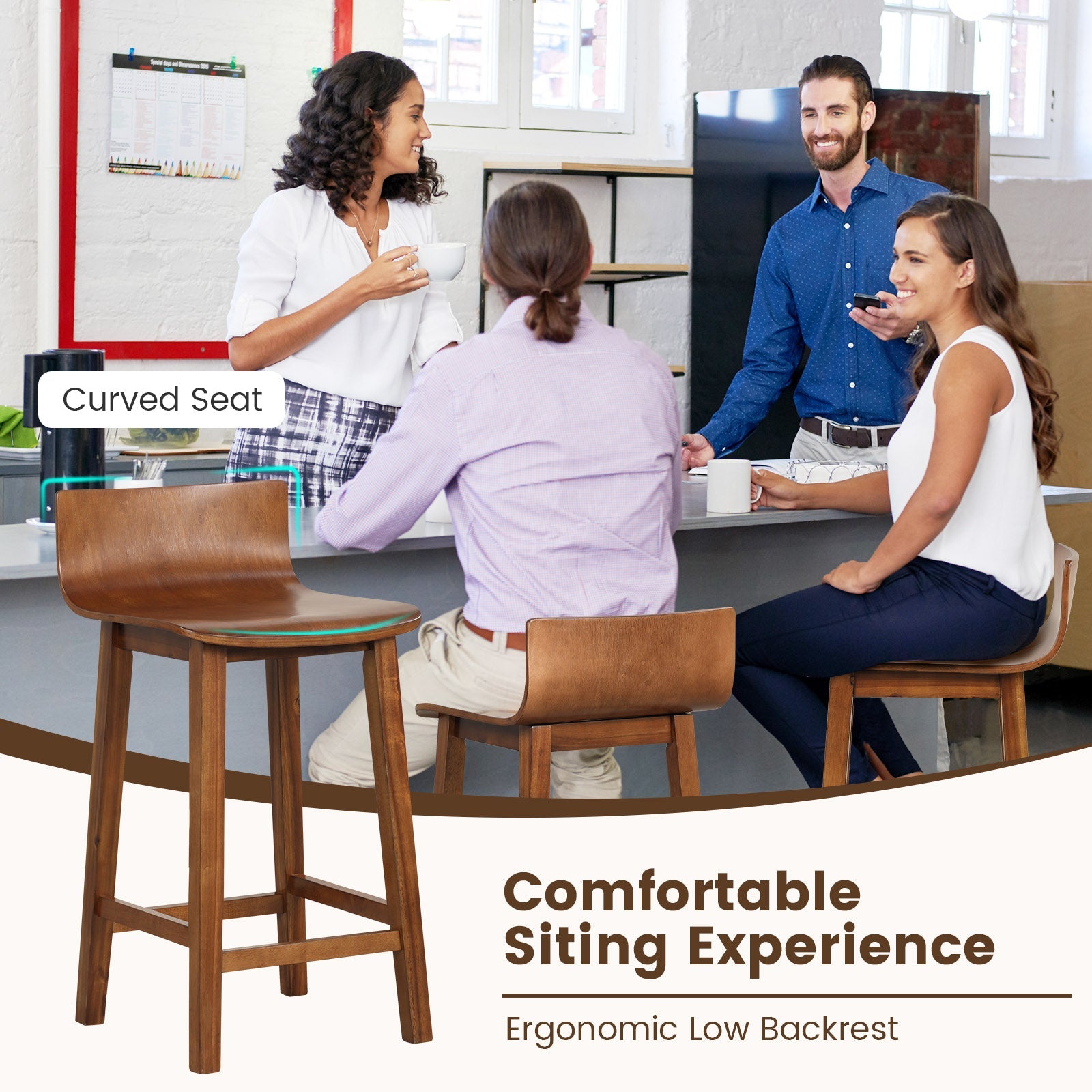 Wood Bar Stools Set of 2 with Solid Back and Seat-Brown