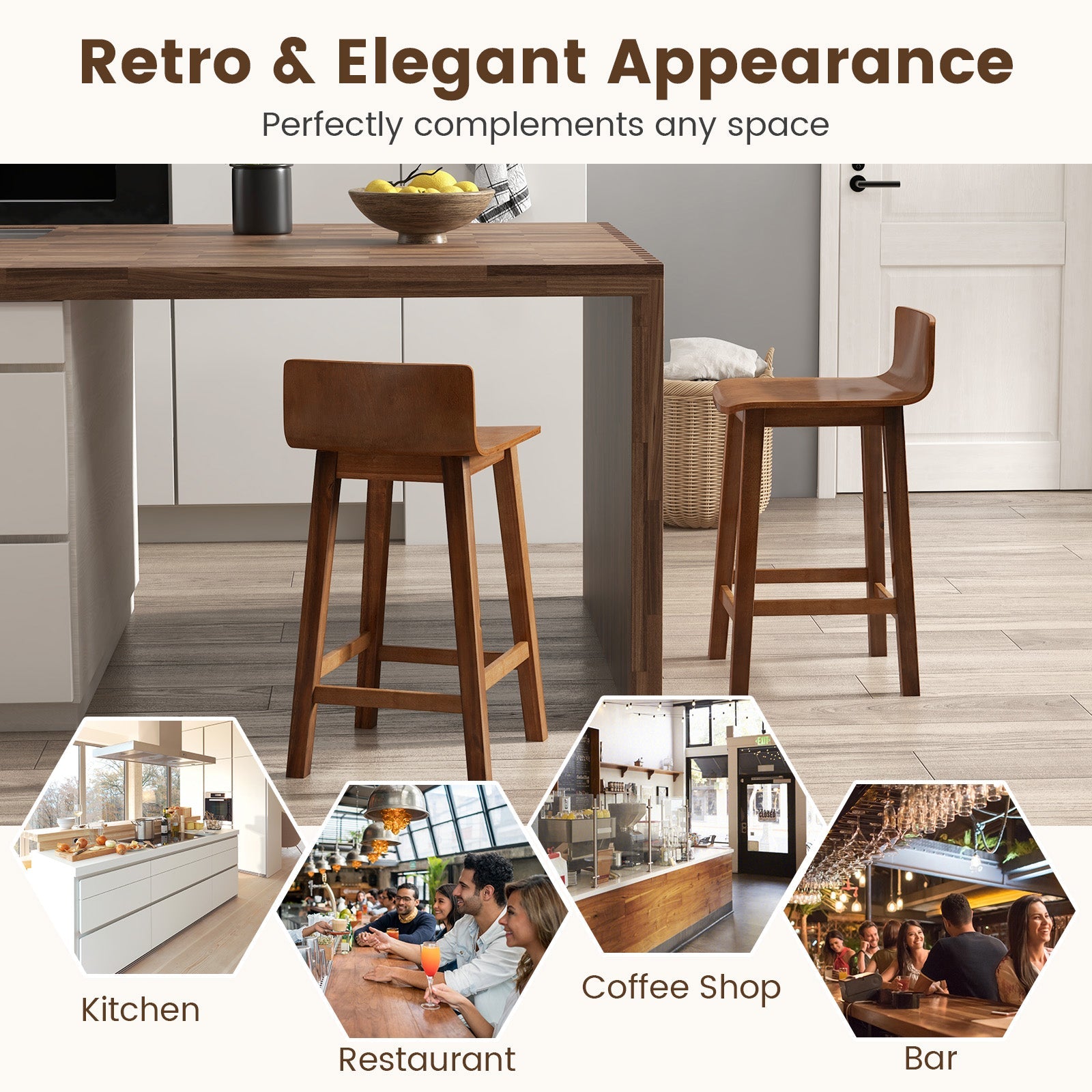 Wood Bar Stools Set of 2 with Solid Back and Seat-Brown