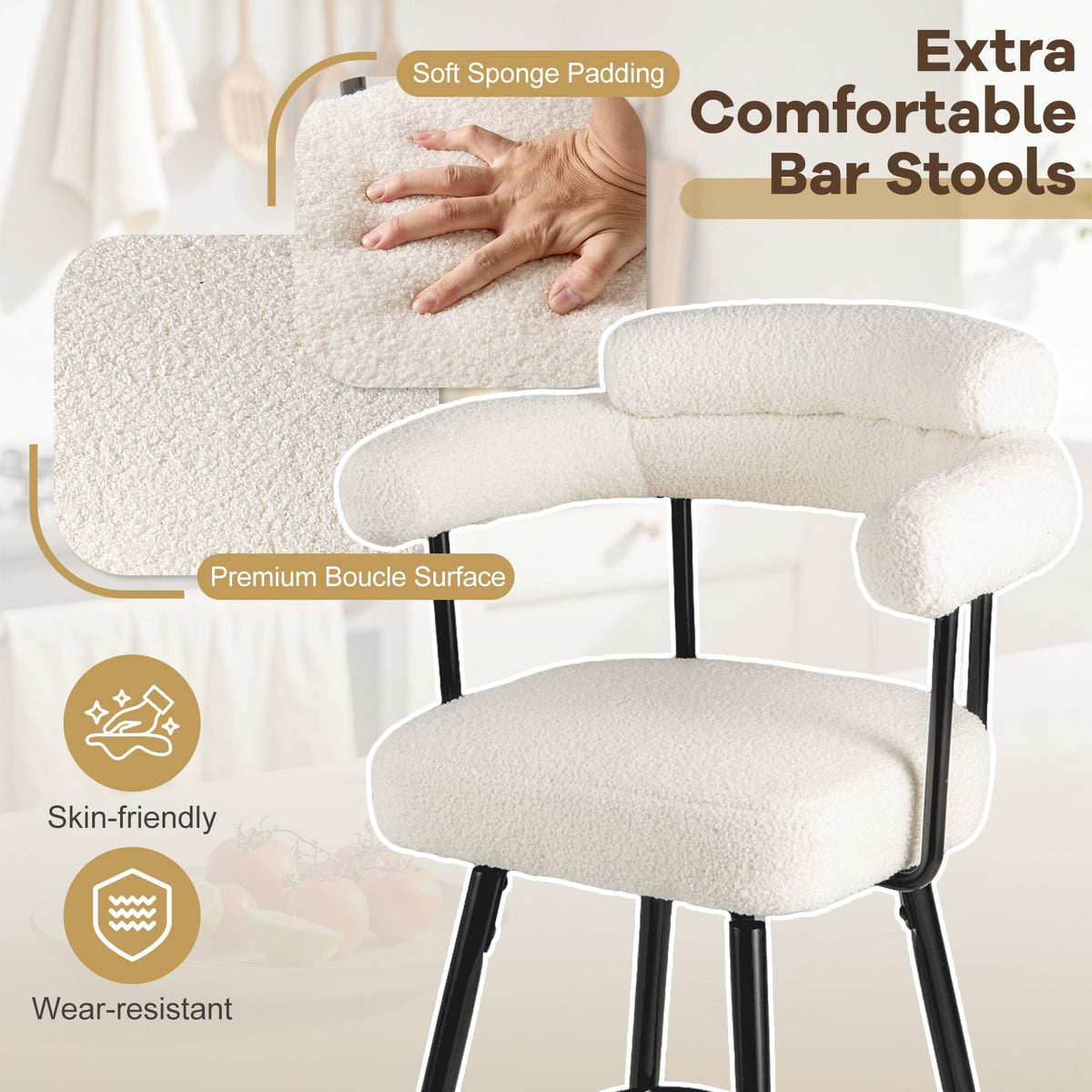 Swivel Bar Stool Set of 2 Counter Height Chairs with Curved Back and Arms