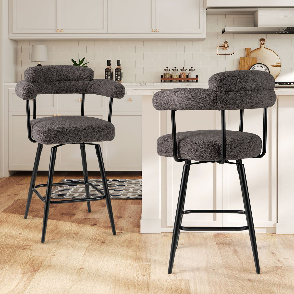Swivel Bar Stool Set of 2 Counter Height Chairs with Curved Back and Arms