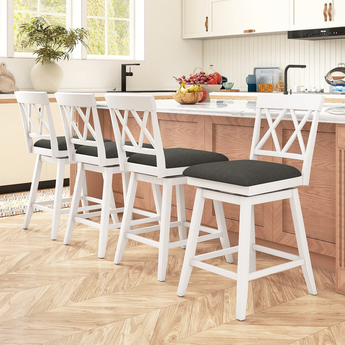 4-Piece Swivel Bar Stools with Linen Cushions and Backrests