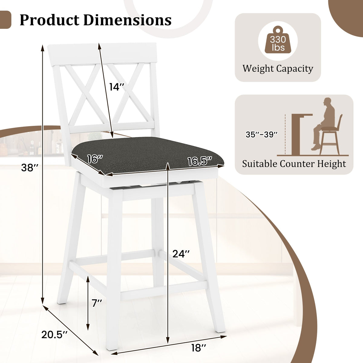 4-Piece Swivel Bar Stools with Linen Cushions and Backrests