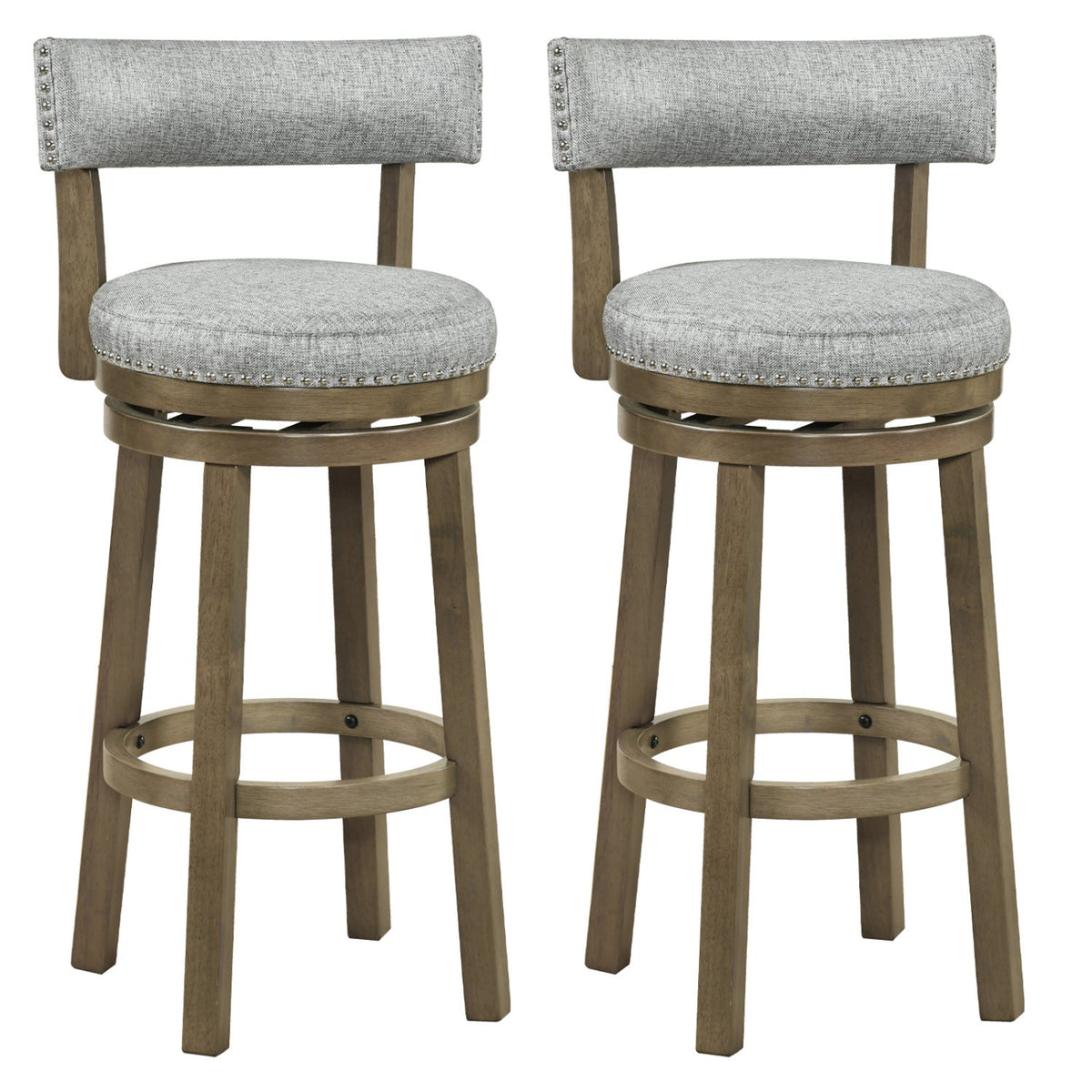 2-Piece Linen Upholstered Swivel Bar Stools with Backrests