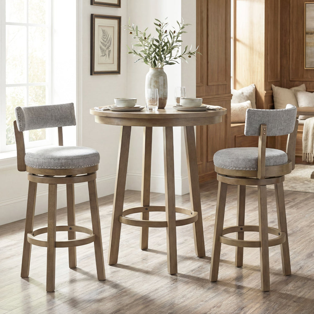 2-Piece Linen Upholstered Swivel Bar Stools with Backrests