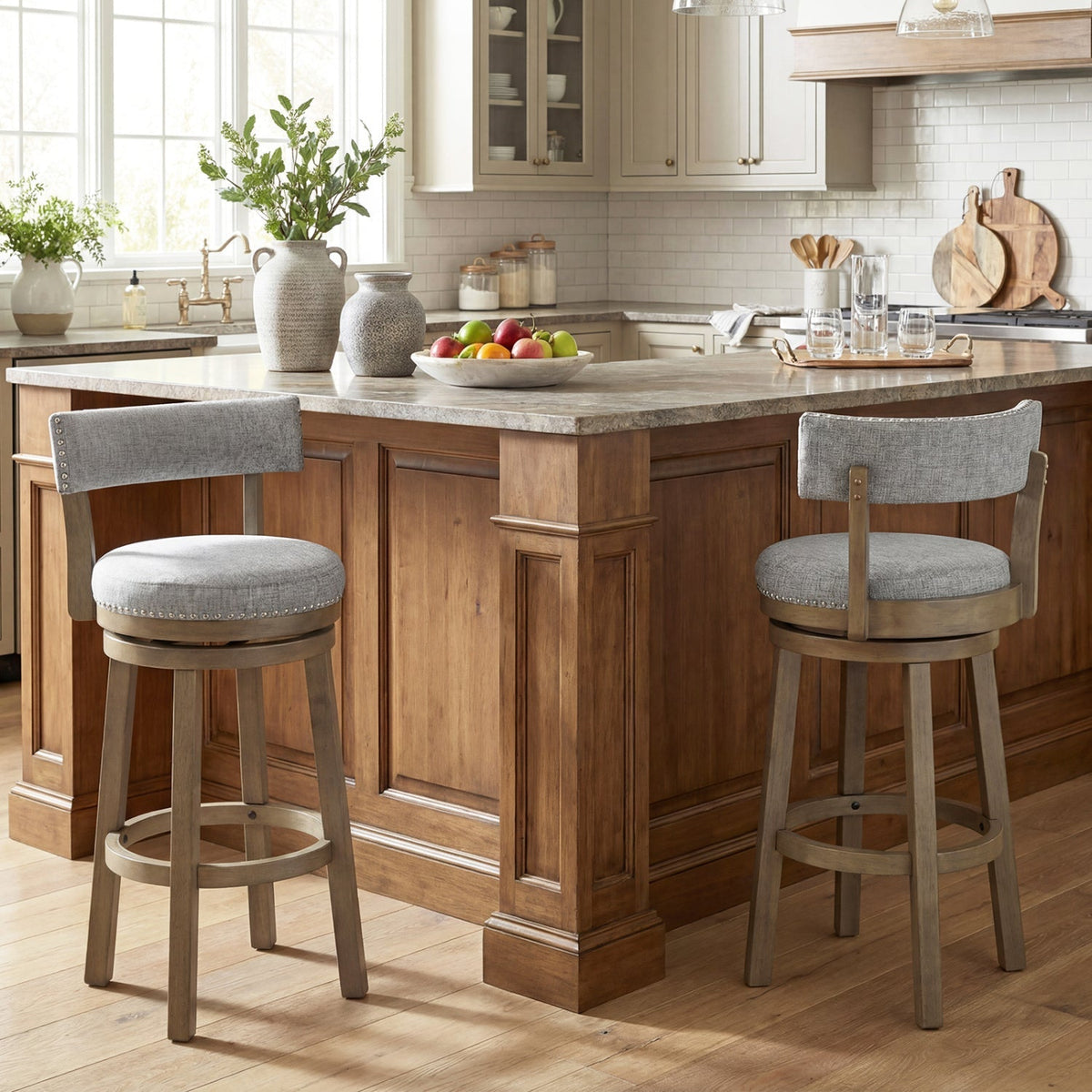 2-Piece Linen Upholstered Swivel Bar Stools with Backrests
