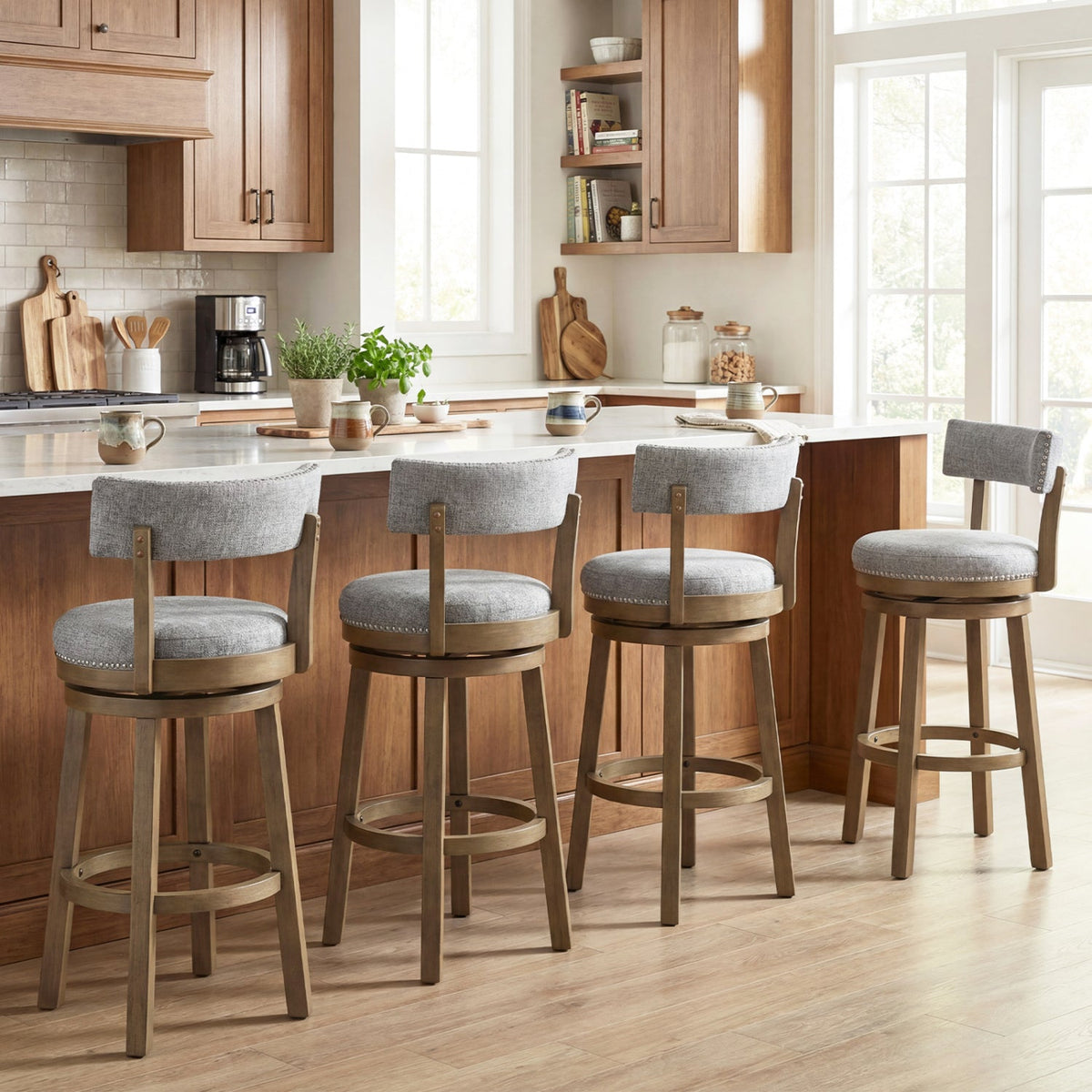 2-Piece Linen Upholstered Swivel Bar Stools with Backrests