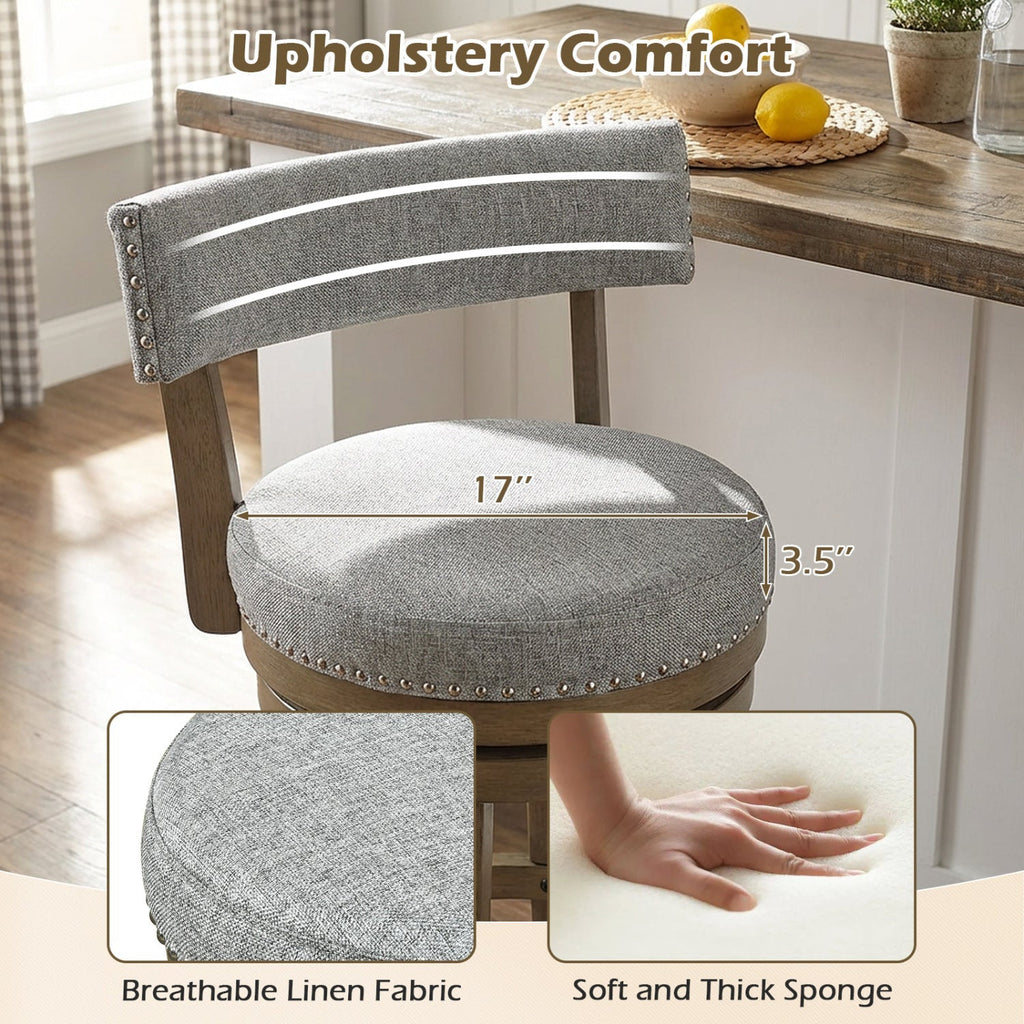 2-Piece Linen Upholstered Swivel Bar Stools with Backrests