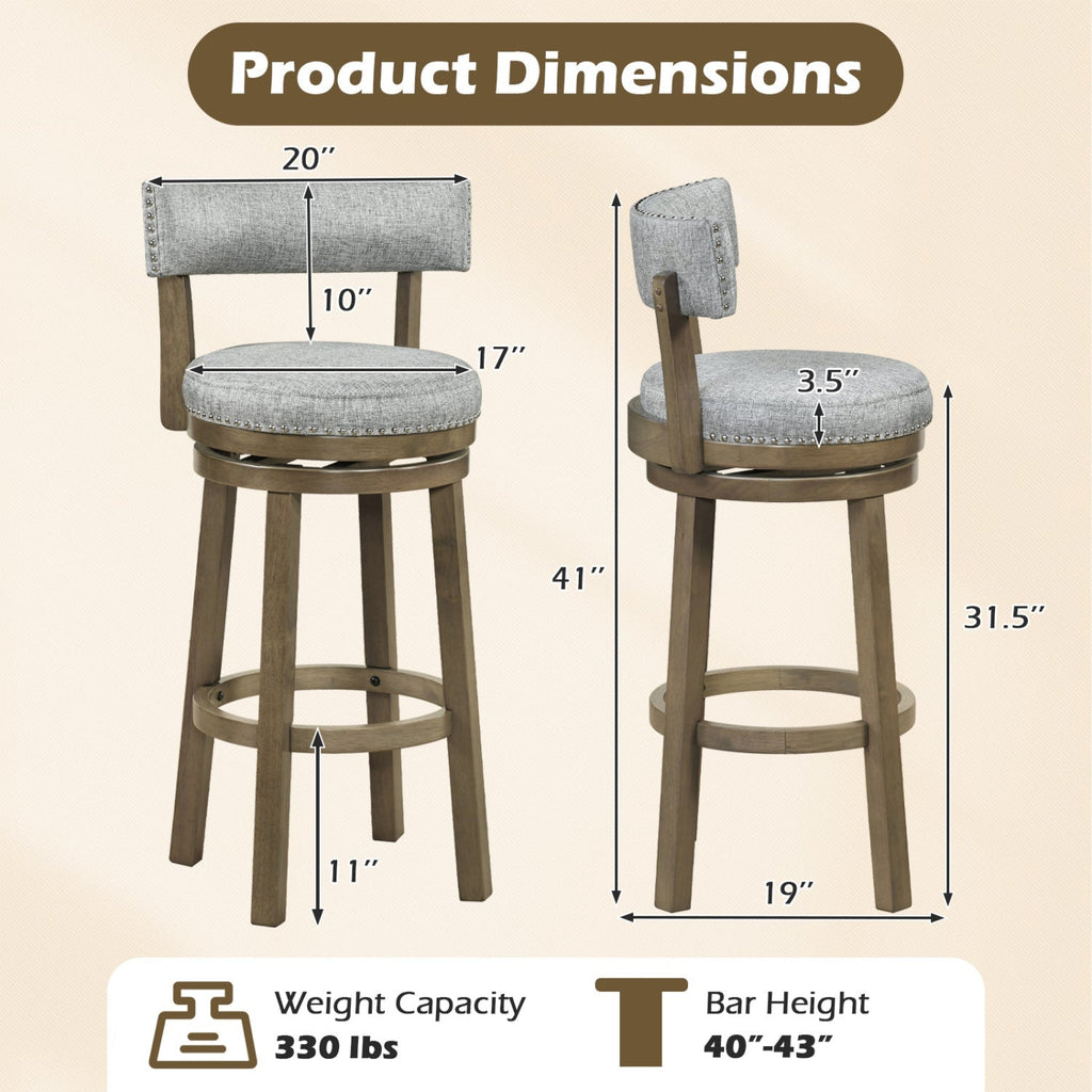 2-Piece Linen Upholstered Swivel Bar Stools with Backrests