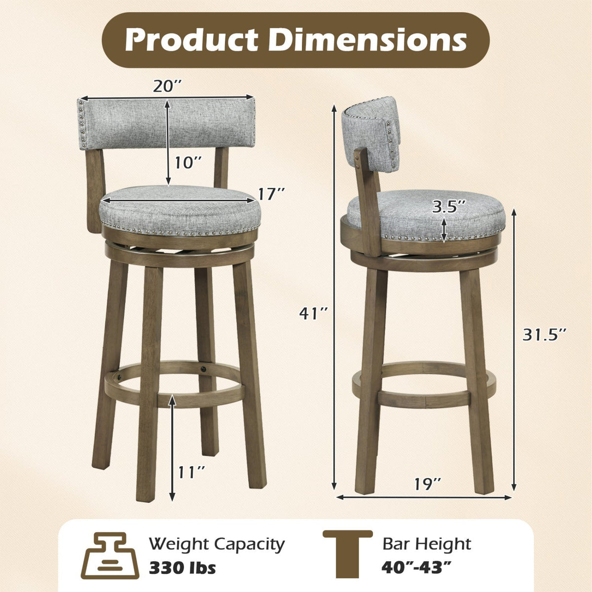2-Piece Linen Upholstered Swivel Bar Stools with Backrests