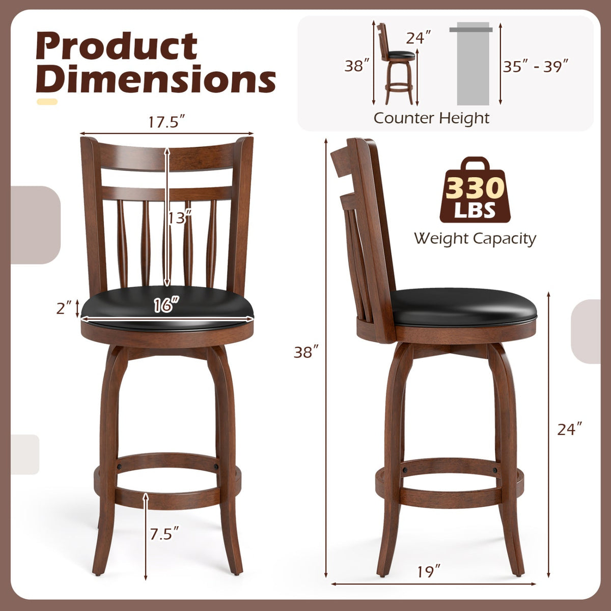2-Piece Counter-Height Swivel Bar Stools with PVC Upholstery