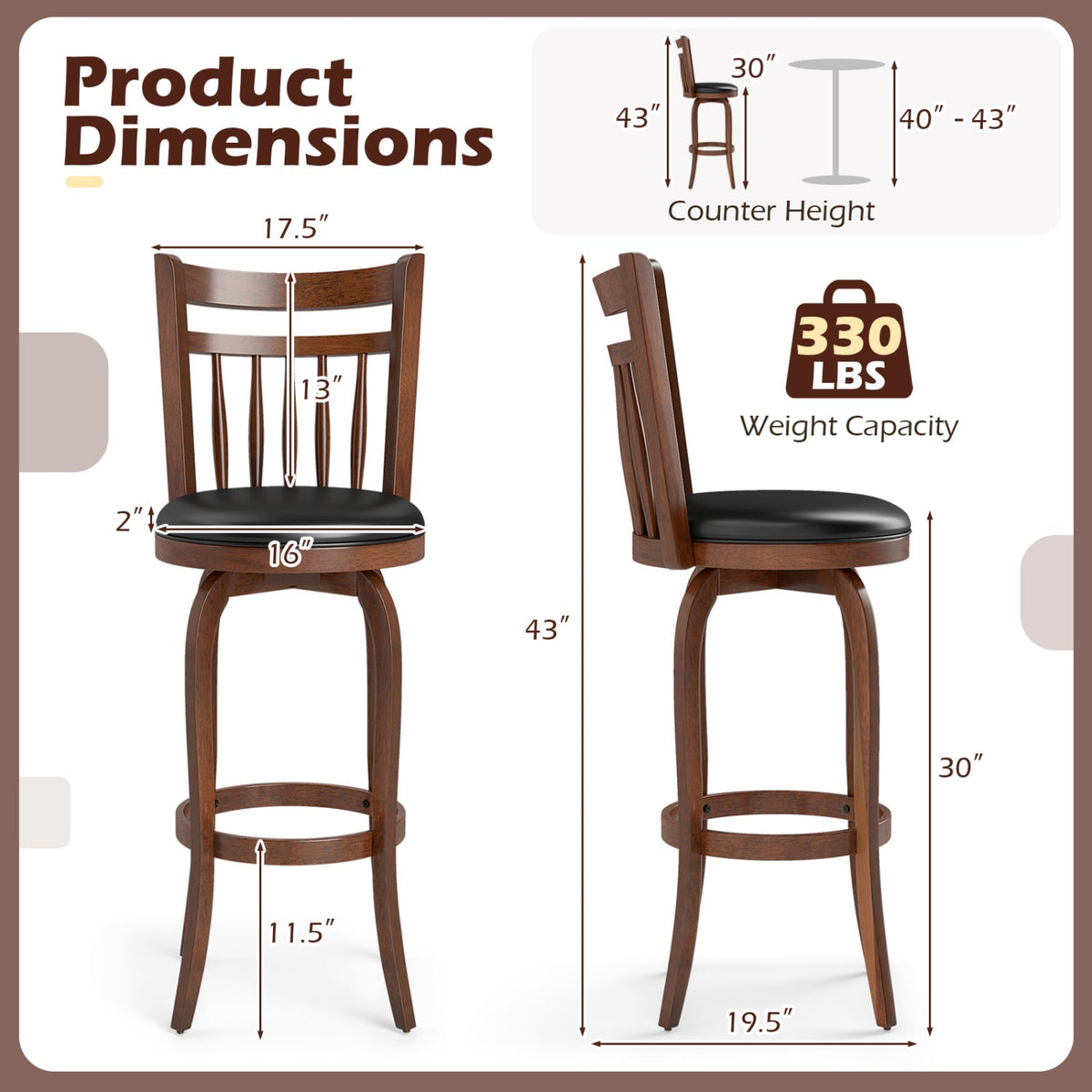 2-Piece Counter-Height Swivel Bar Stools with PVC Upholstery