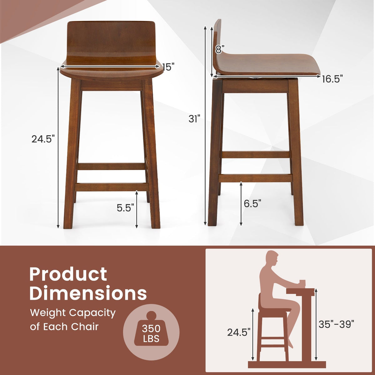 24.5 Inch Swivel Wooden Bar Stools Set of 2 with Rubber Wood Legs and Low Back