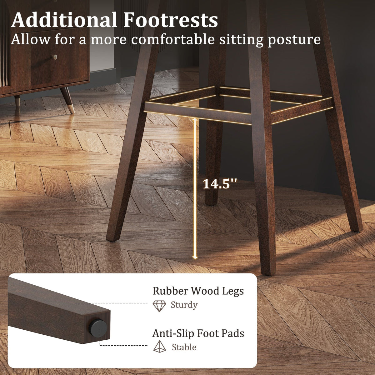 Swivel Bar Stools Set of 2 with Footrest and Rubber Wood Legs-Brown