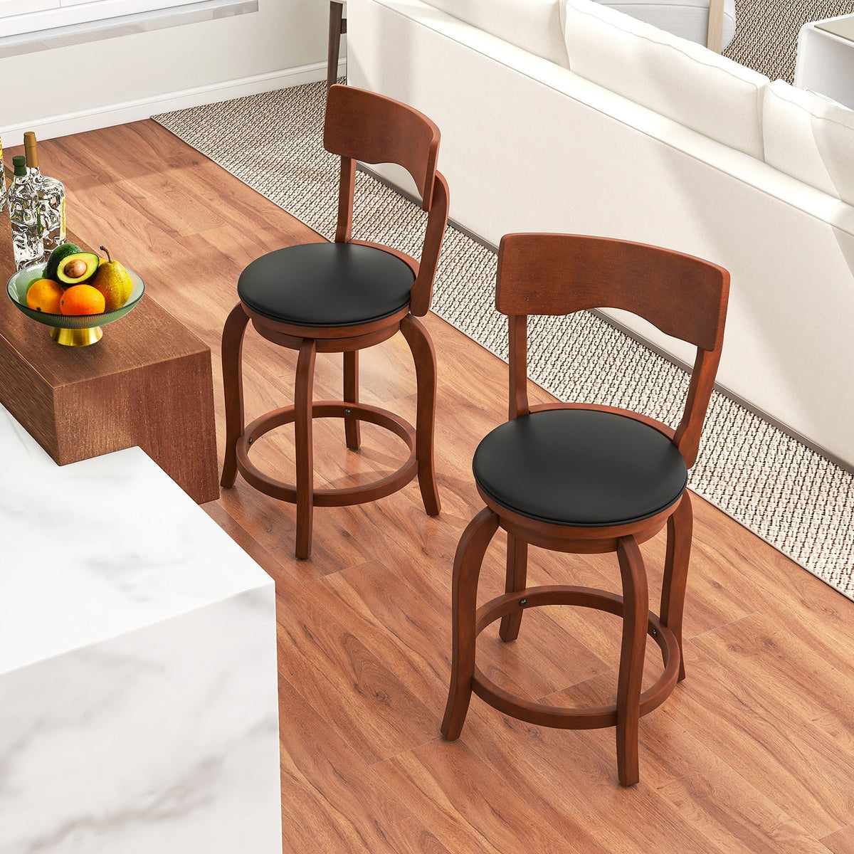 Swivel Bar Stools Set of 2 with Rubber Wood Frame and Upholstered Seat