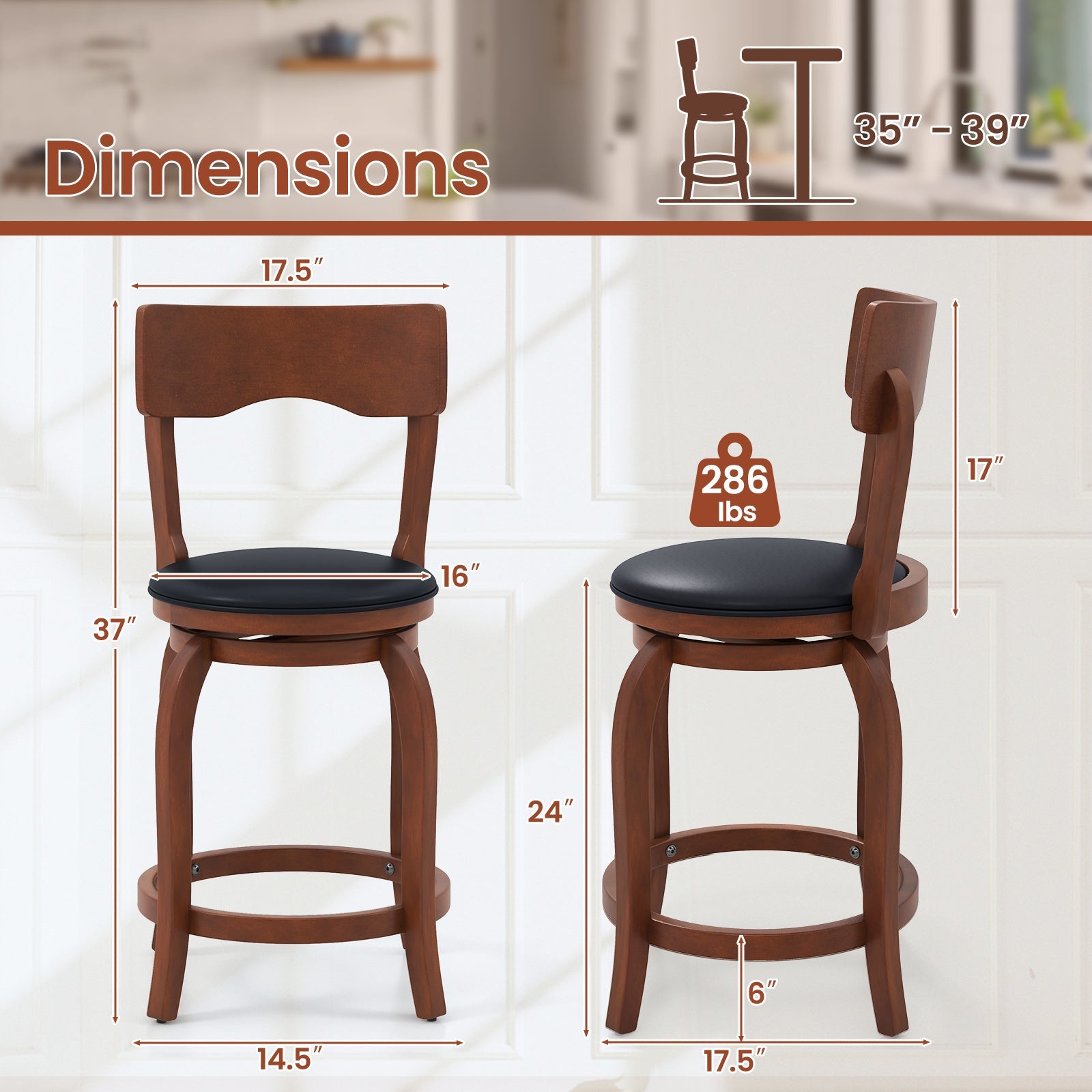 Swivel Bar Stools Set of 2 with Rubber Wood Frame and Upholstered Seat-24 Inch