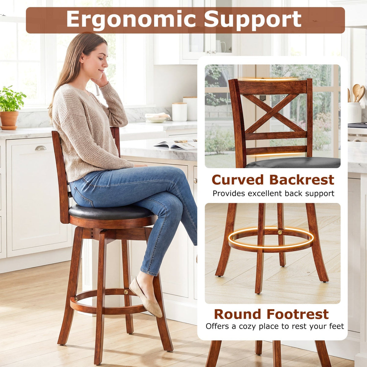 2-Piece Swivel Bar Stools with Curved Backrests and Footrests