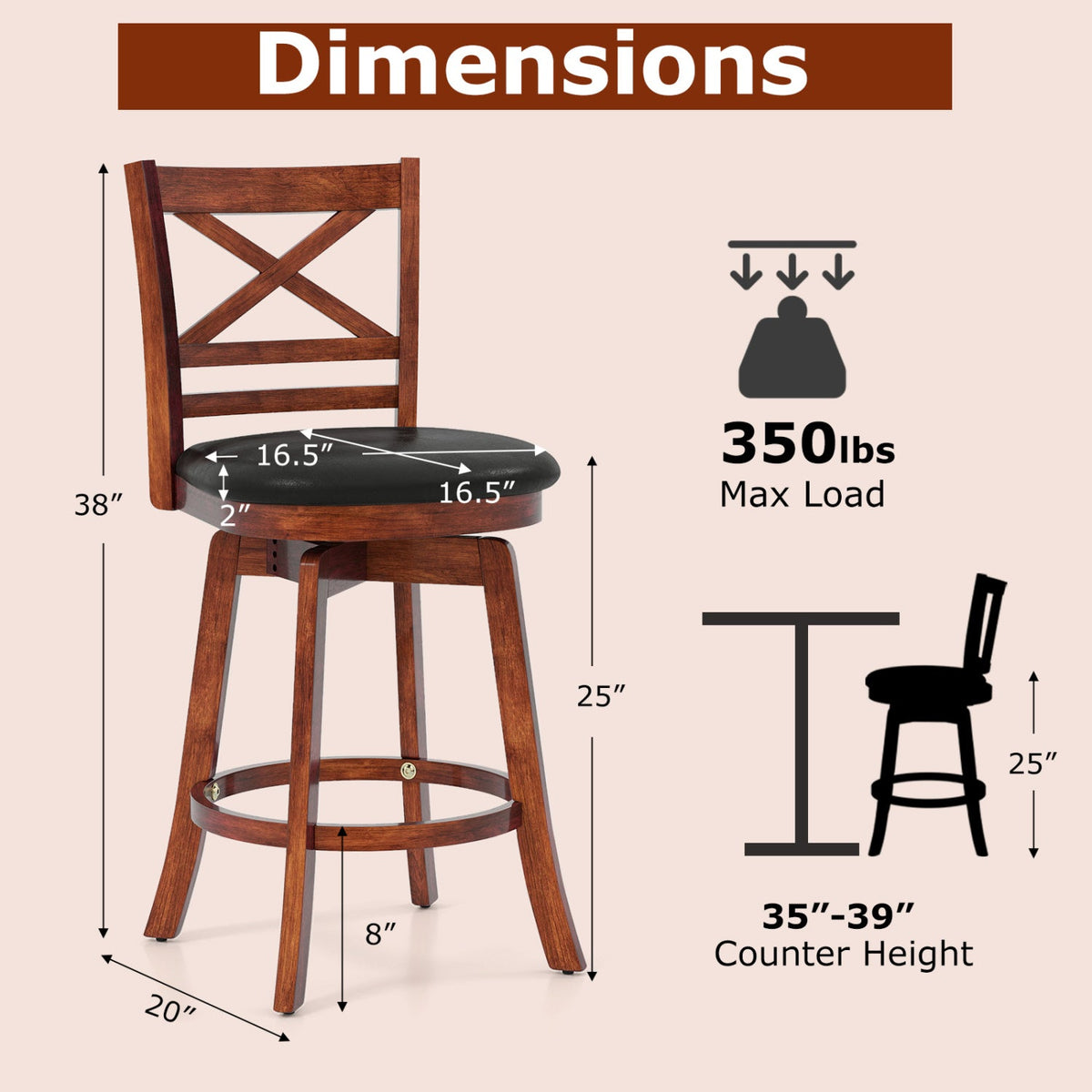 2-Piece Swivel Bar Stools with Curved Backrests and Footrests