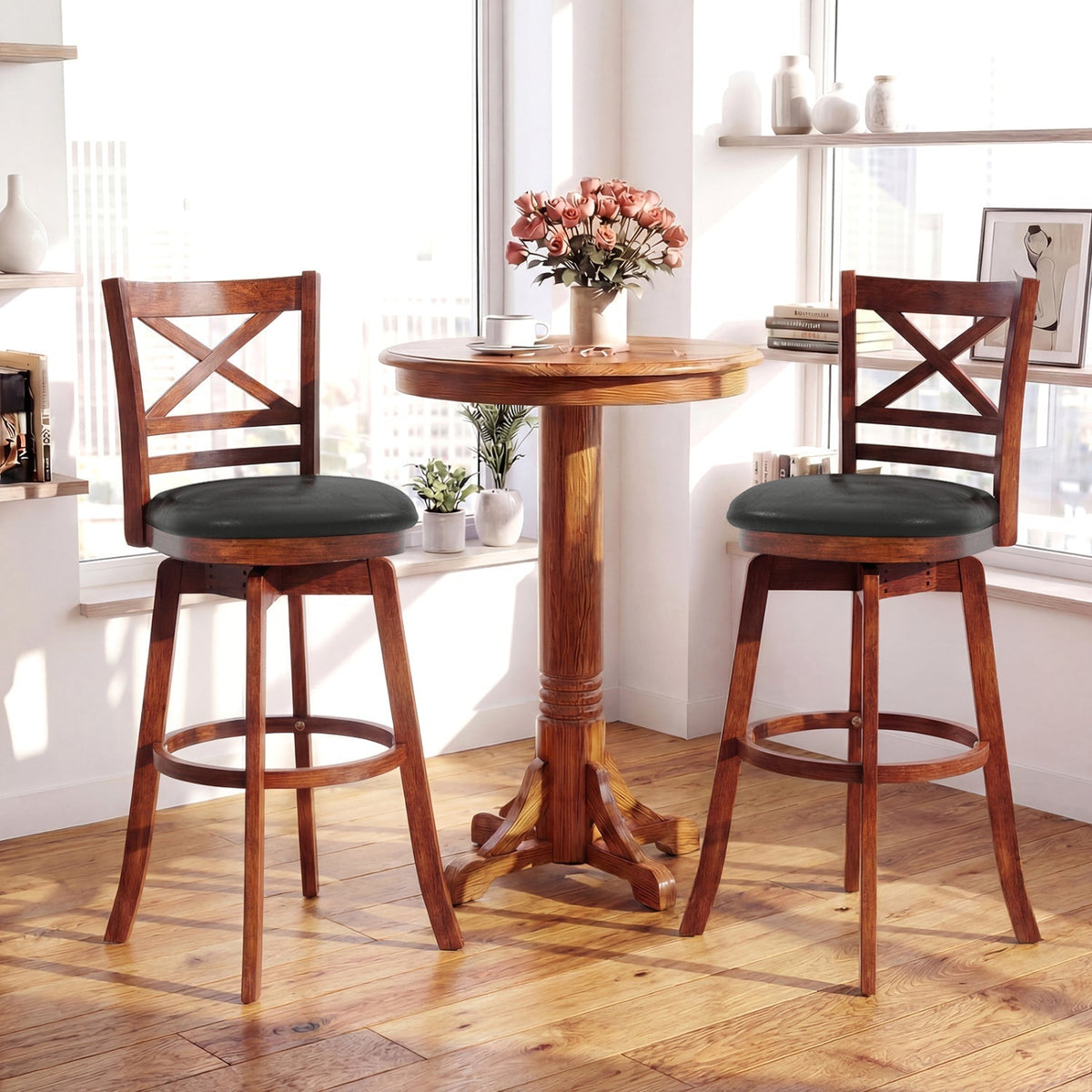 2-Piece Swivel Bar Stools with Curved Backrests and Footrests