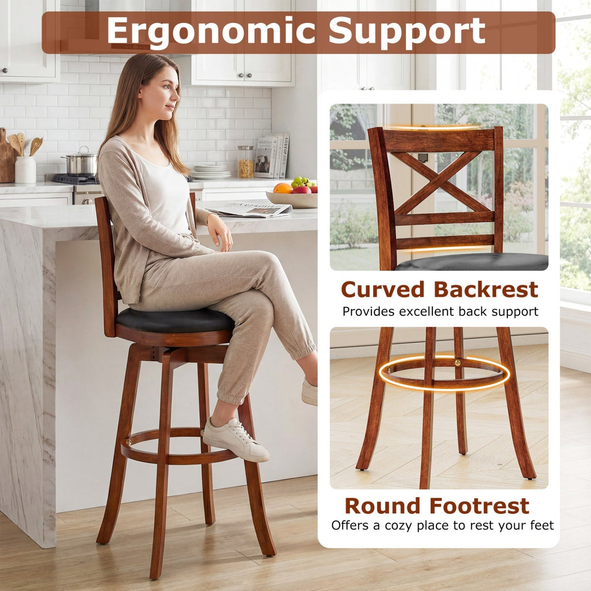 2-Piece Swivel Bar Stools with Curved Backrests and Footrests