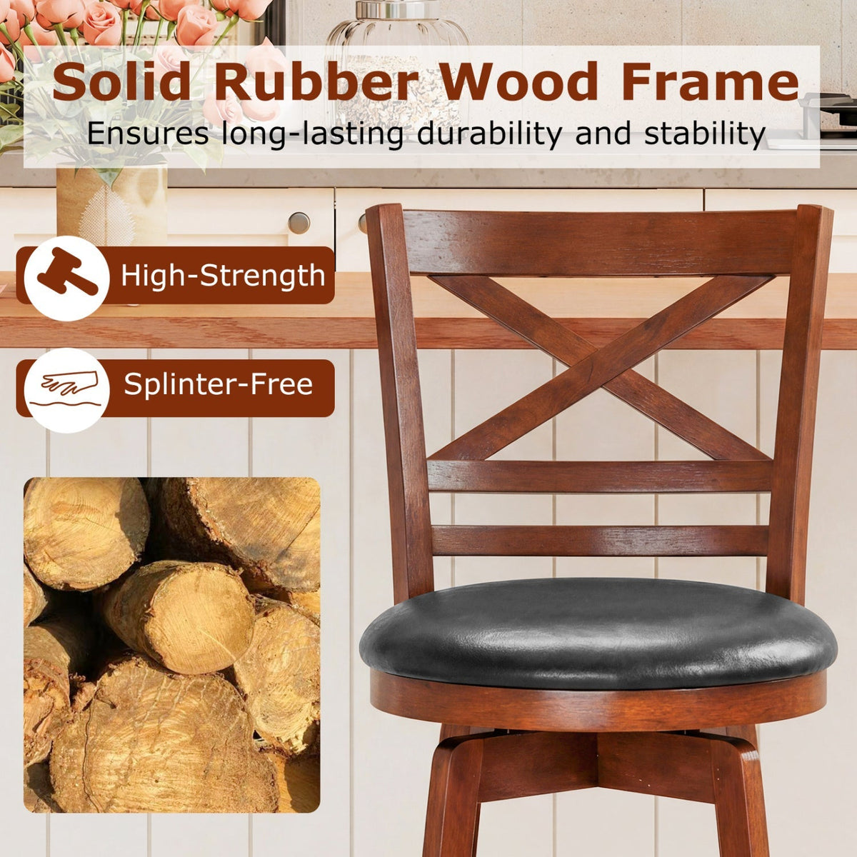 2-Piece Swivel Bar Stools with Curved Backrests and Footrests