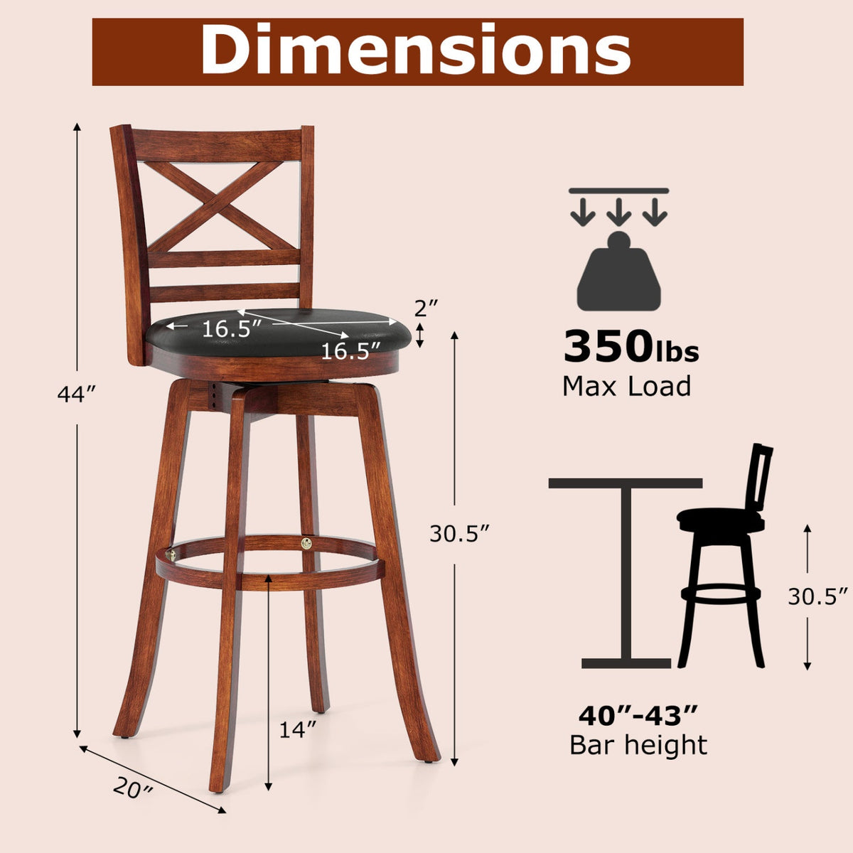 2-Piece Swivel Bar Stools with Curved Backrests and Footrests