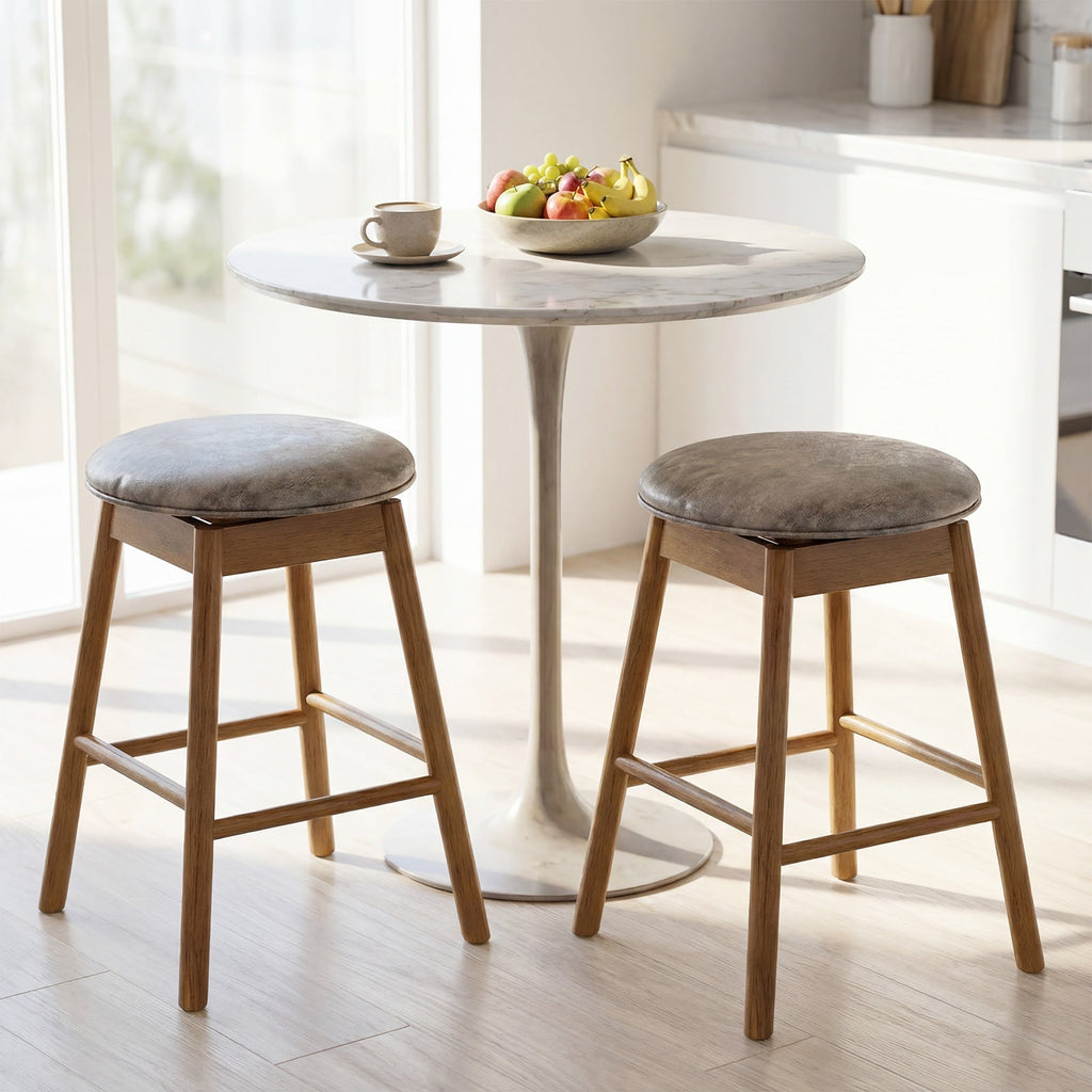 2-Piece Backless Swivel Bar Stools with Solid Wood Legs and Footrests