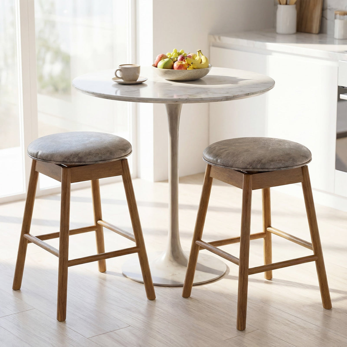 2-Piece Backless Swivel Bar Stools with Solid Wood Legs and Footrests