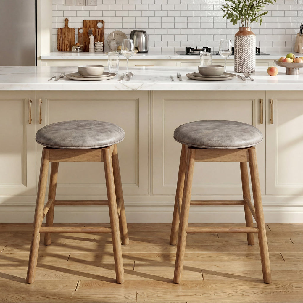 2-Piece Backless Swivel Bar Stools with Solid Wood Legs and Footrests