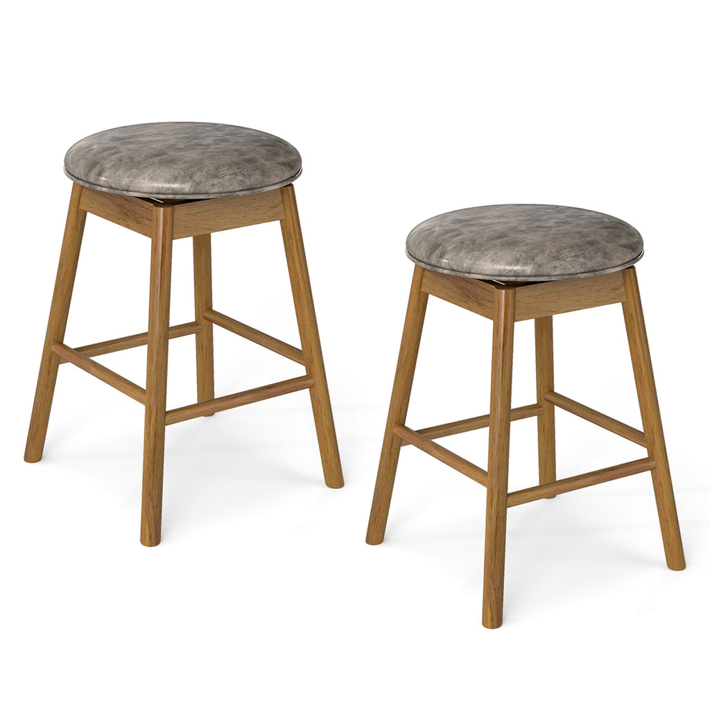 2-Piece Backless Swivel Bar Stools with Solid Wood Legs and Footrests