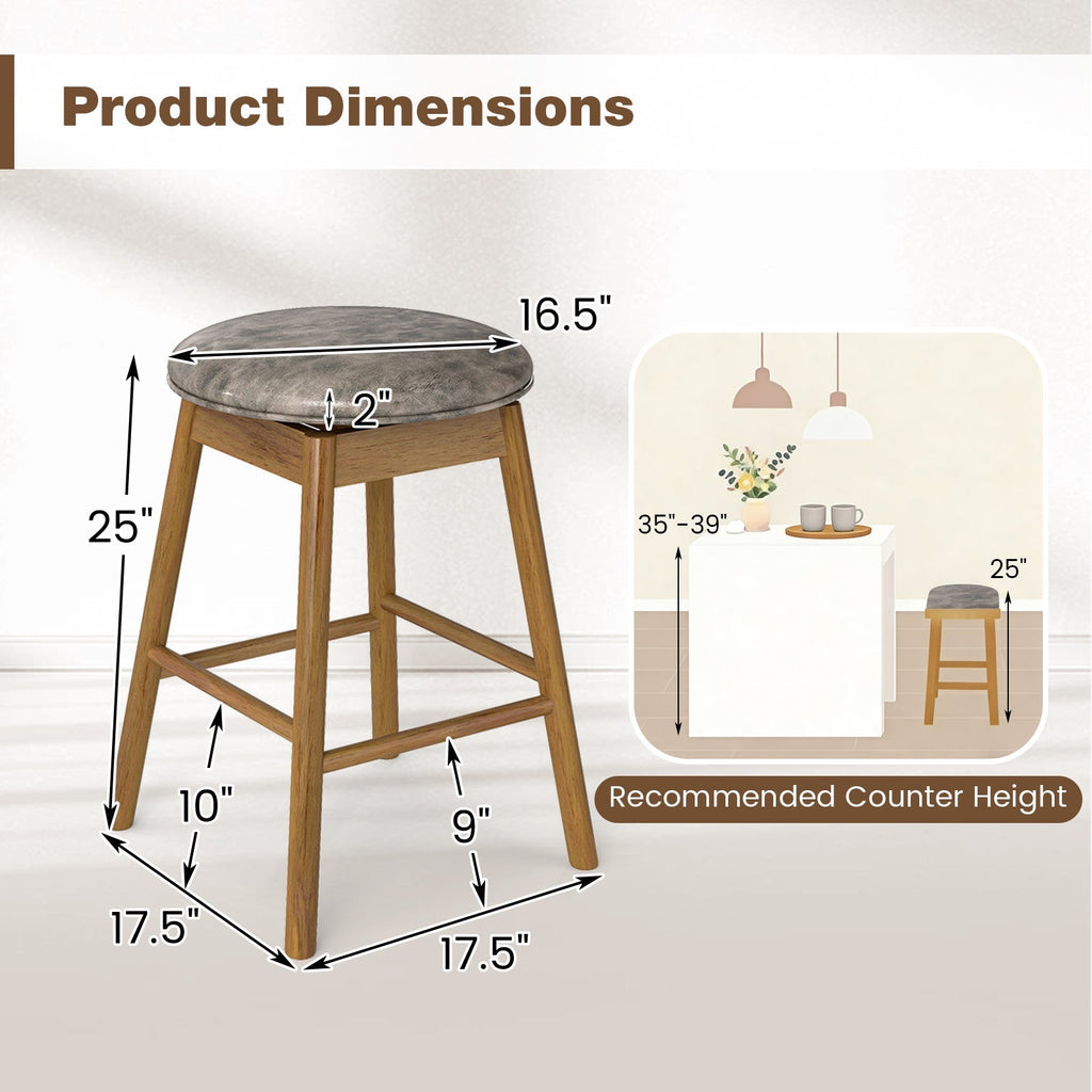 2-Piece Backless Swivel Bar Stools with Solid Wood Legs and Footrests