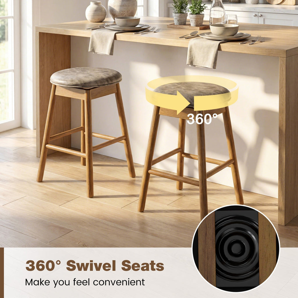 2-Piece Backless Swivel Bar Stools with Solid Wood Legs and Footrests