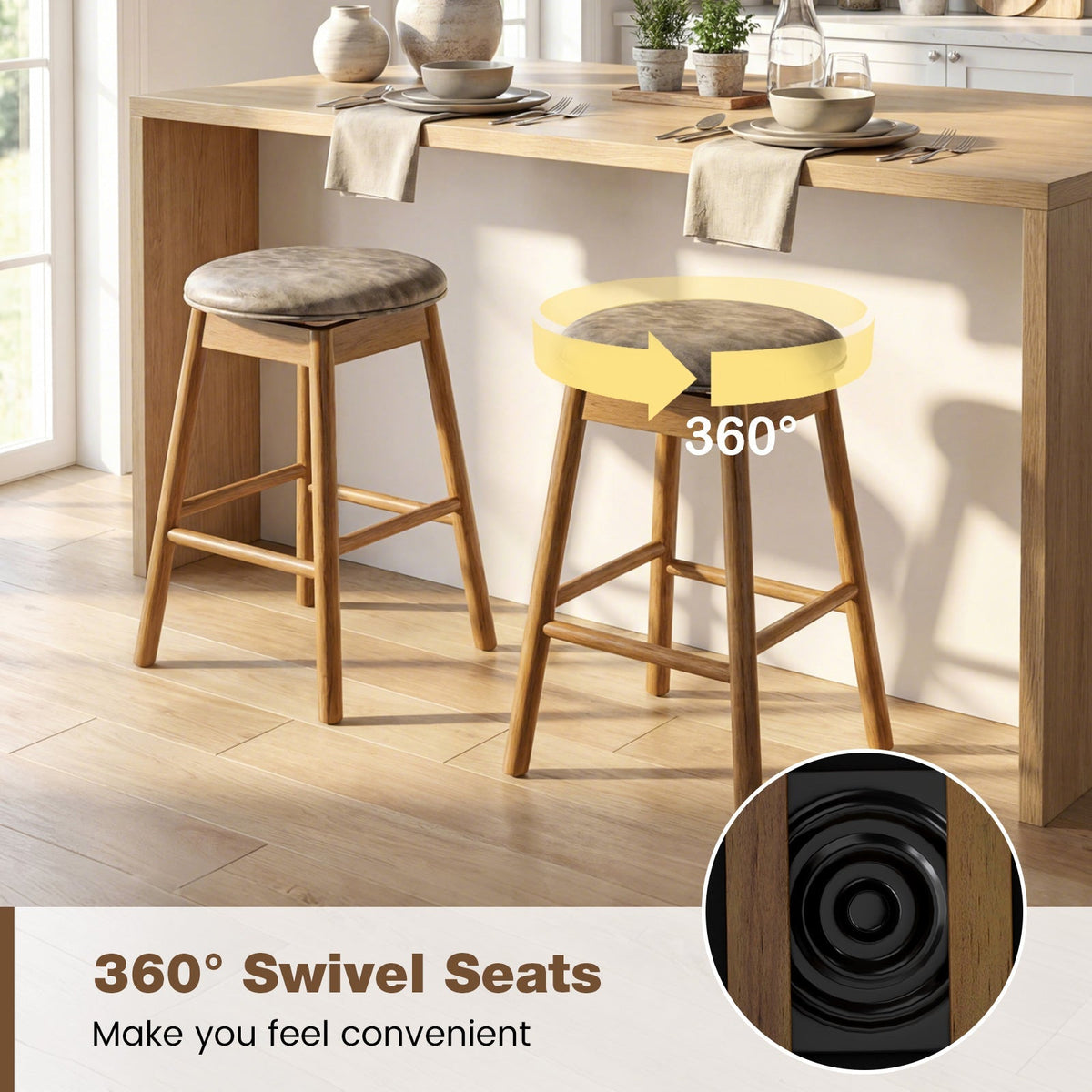 2-Piece Backless Swivel Bar Stools with Solid Wood Legs and Footrests